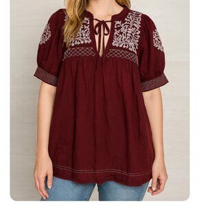 Boho Embroidered Tie-Neck Top in Burgundy